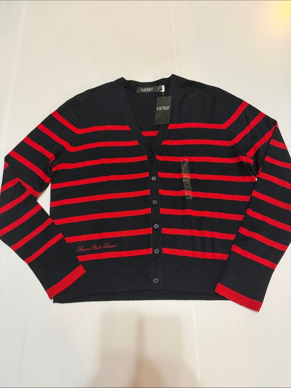 Lauren Ralph Lauren Navy and Red Striped V-Neck Cardigan XL NWT